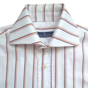 EREDI PISANO Men's Cotton Button Up Dress Shirt White Blue Orange Stripes